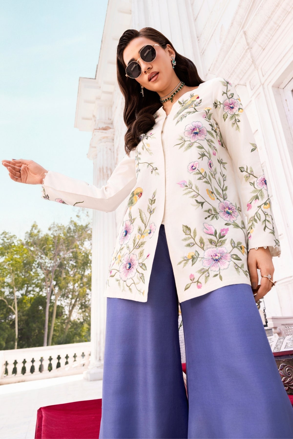 Elegant Eloise dress by Huma Mistry Official featuring flowing fabric and intricate detailing on a model.